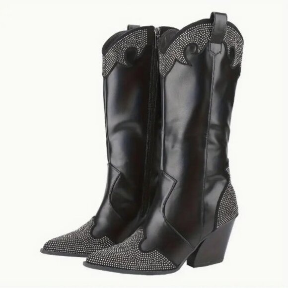 NWT WOMAN'S RHINESTONE VEGAN LEATHER COWBOY BOOTS SZ 9 - Picture 2 of 8